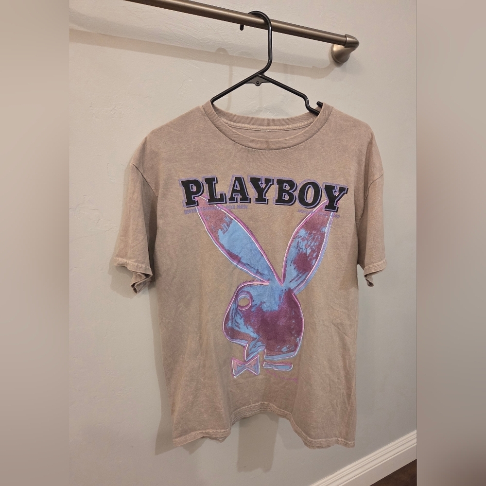Pop Art Rabbit Head T Shirt Men Small Tan PLAYBOY 1986 Logo